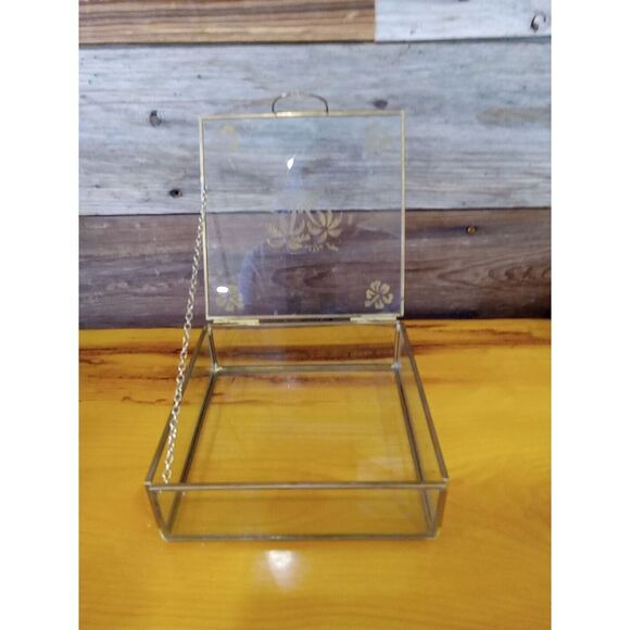 Trinket Box Handmade Glass and Brass Etched Lid Vintage Decor 6" L x 6" W Gift - Picture 5 of 7